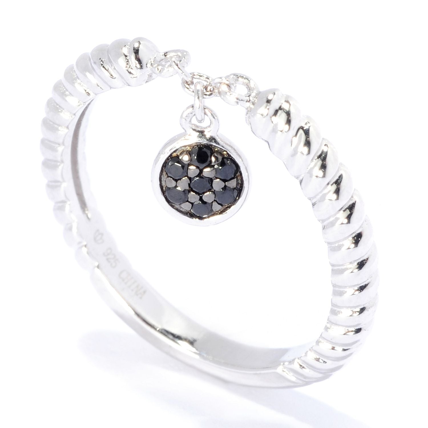 Pinctore Sterling Silver Round Black Spinel Dangle Charm Stack Band Ring - pinctore