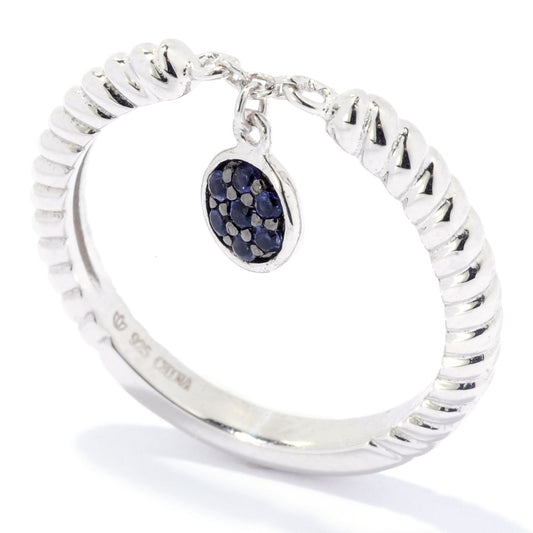 Pinctore Sterling Silver Round Iolite Dangle Charm Stack Band Ring - pinctore