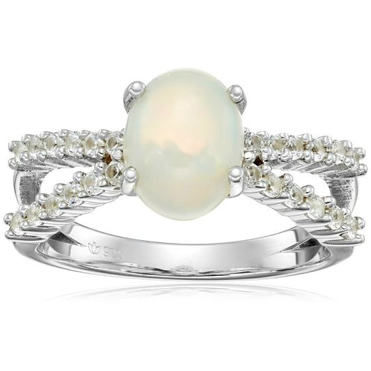 Pinctore Sterling Silver, Ethiopian Opal, and Created White Sapphire Ring - pinctore