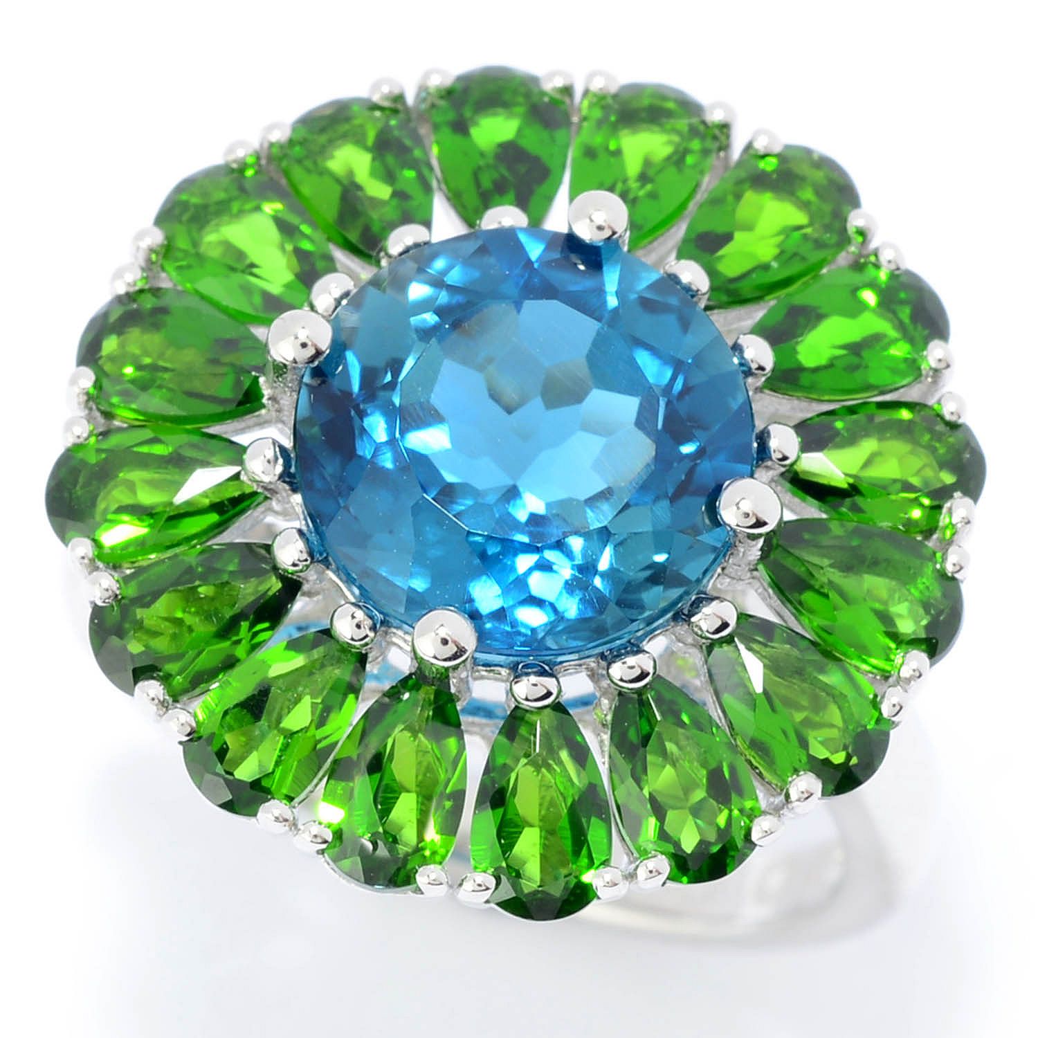 Pinctore Sterling Silver 7.50ctw London Blue Topaz & Chrome Diopside Flower Ring - pinctore