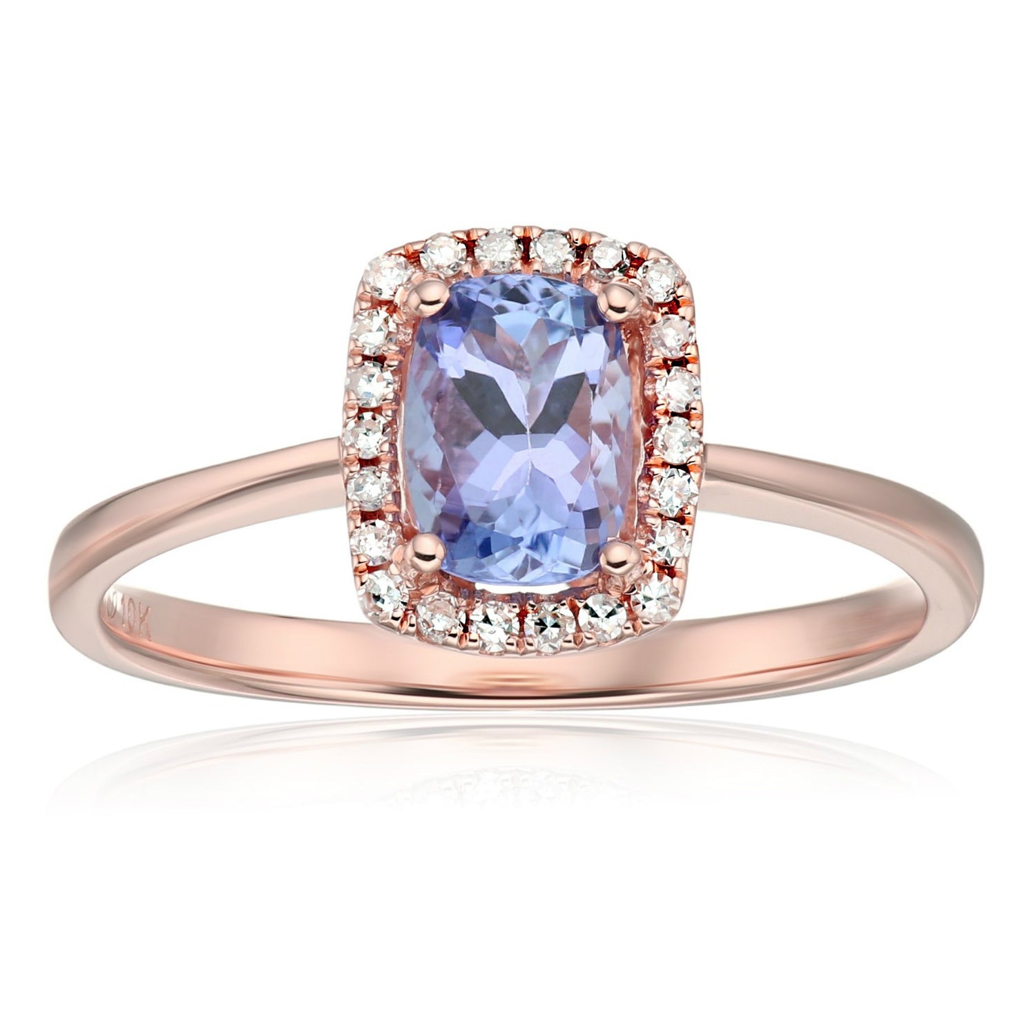 10k Rose Gold Tanzanite and Diamond Cushion Halo Engagement Ring (1/10cttw, H-I Color, I1-I2 Clarity), - pinctore