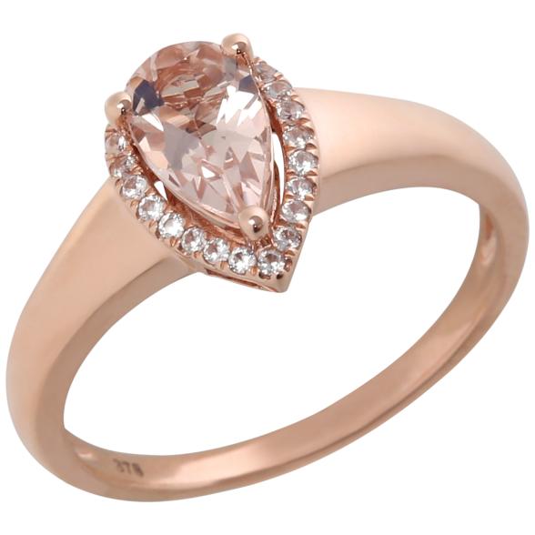 10k Rose Gold Morganite and Diamond Princess Diana Pear Halo Ring (1/10cttw, H-I Color, I1-I2 Clarity), - pinctore