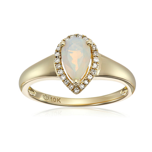 10k Yellow Gold Ethiopian Opal and Diamond Princess Diana Pear Halo Engagement Ring (1/10cttw, H-I Color, I1-I2 Clarity), - pinctore