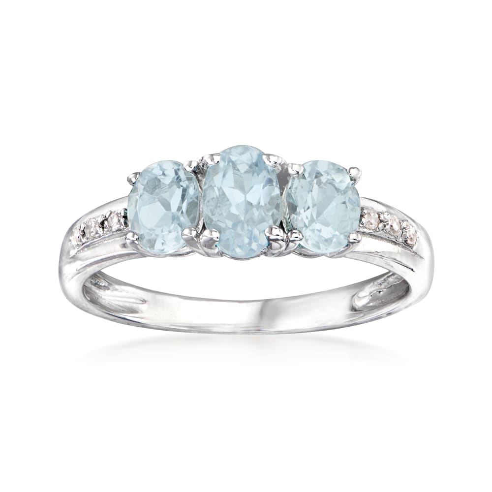 Sterling Silver Aquamarine, Diamond Accent 3-Stone Oval Ring - Pinctore