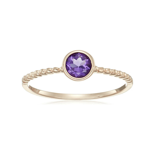 10k Rose Gold African Amethyst Solitaire Beaded Shank Stackable Ring - pinctore