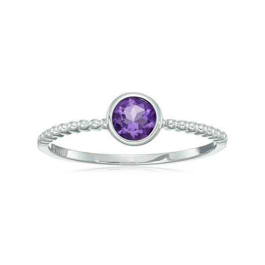 10k White Gold African Amethyst Solitaire Beaded Shank Stackable Ring - pinctore