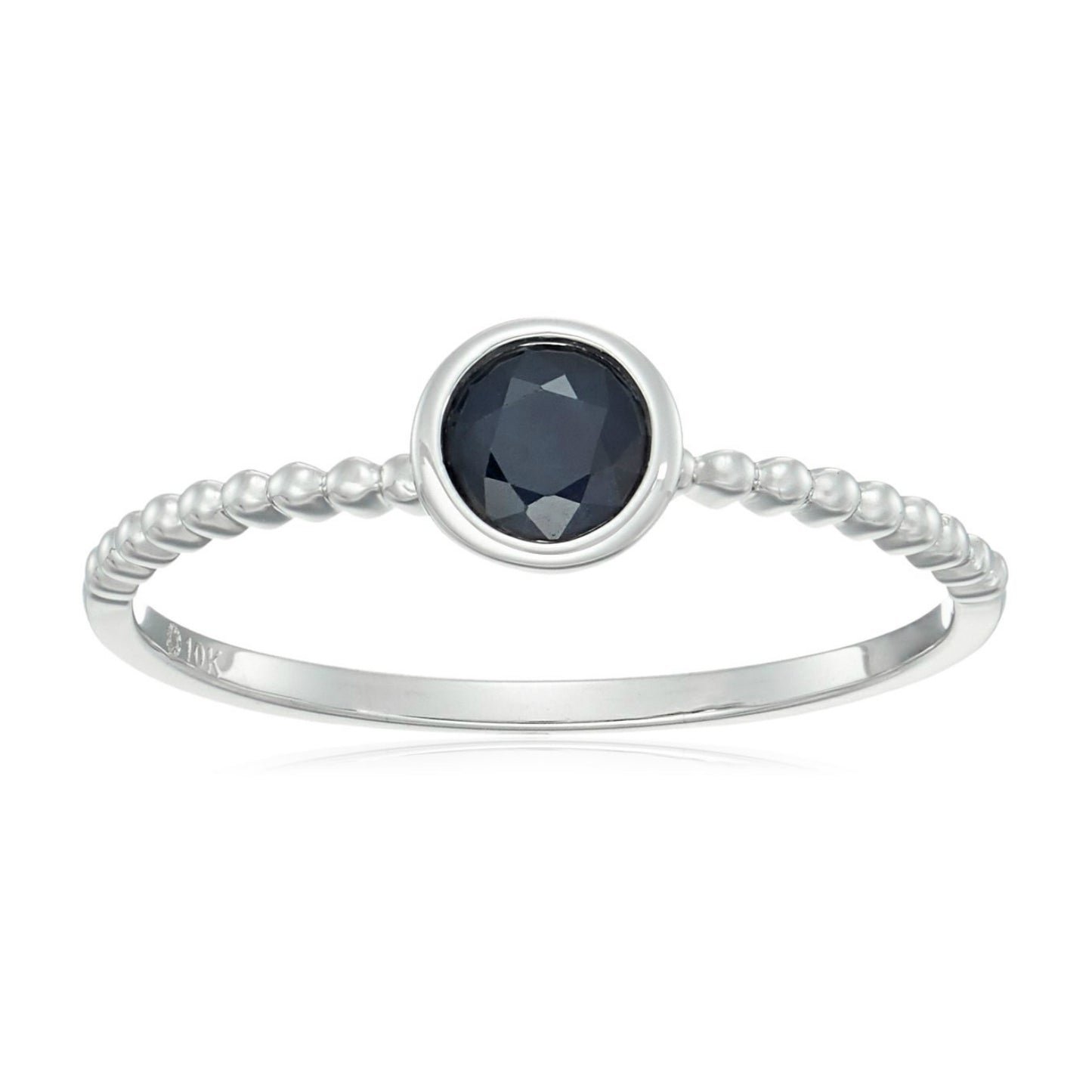 10k White Gold Genuine Blue Sapphire Solitaire Beaded Shank Stackable Ring - pinctore