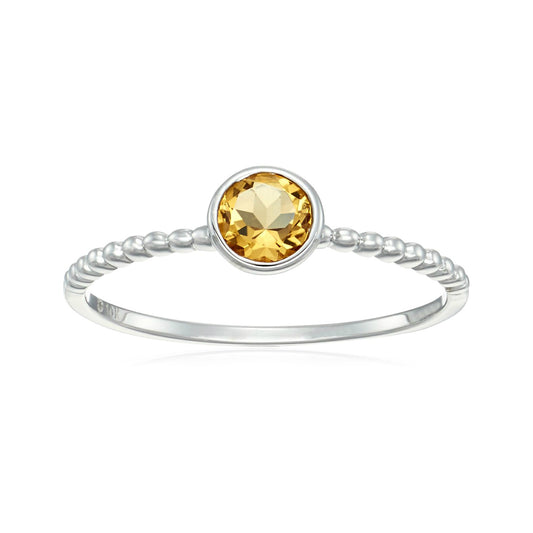 10k White Gold Citrine Solitaire Beaded Shank Stackable Ring - pinctore