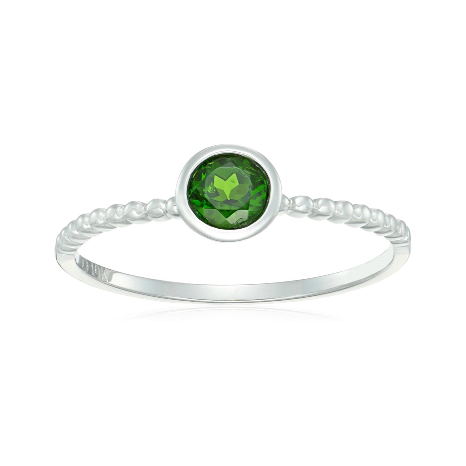 10k White Gold Chrome Diopside Solitaire Beaded Shank Stackable Ring - pinctore