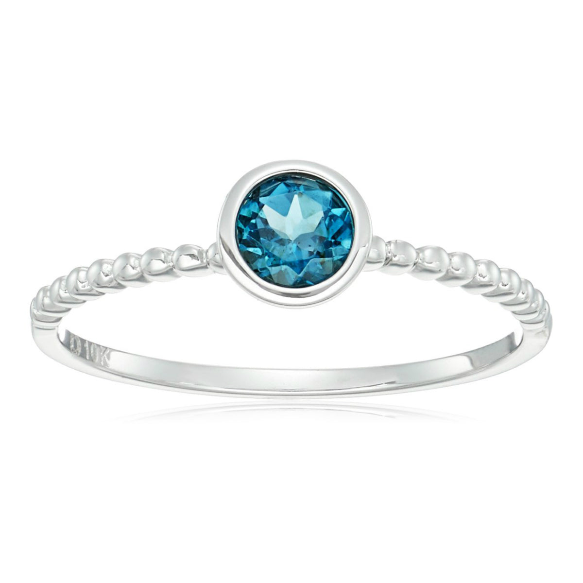 10k White Gold London Blue Topaz Solitaire Beaded Shank Stackable Ring - pinctore