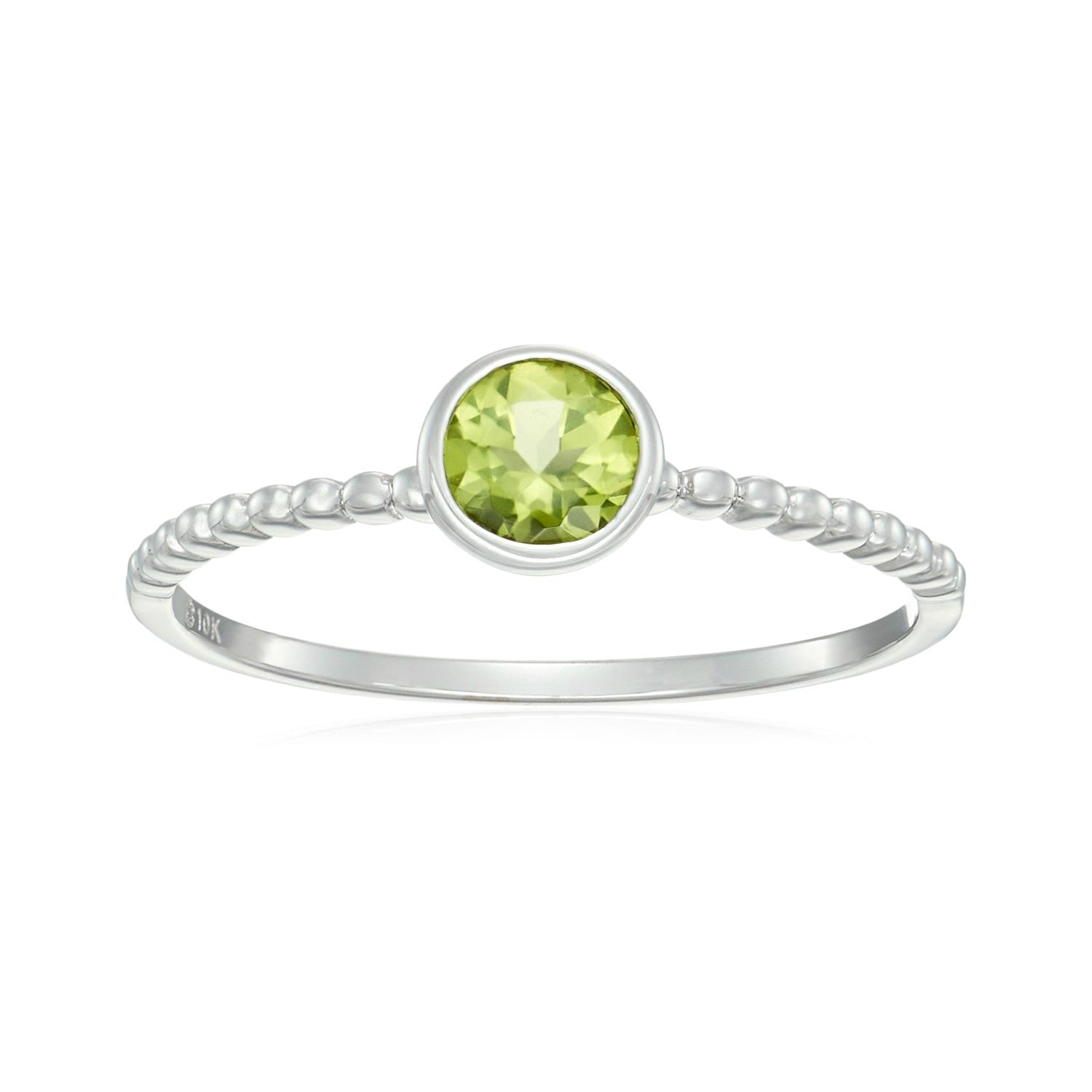 10k White Gold Peridot Solitaire Beaded Shank Stackable Ring - pinctore