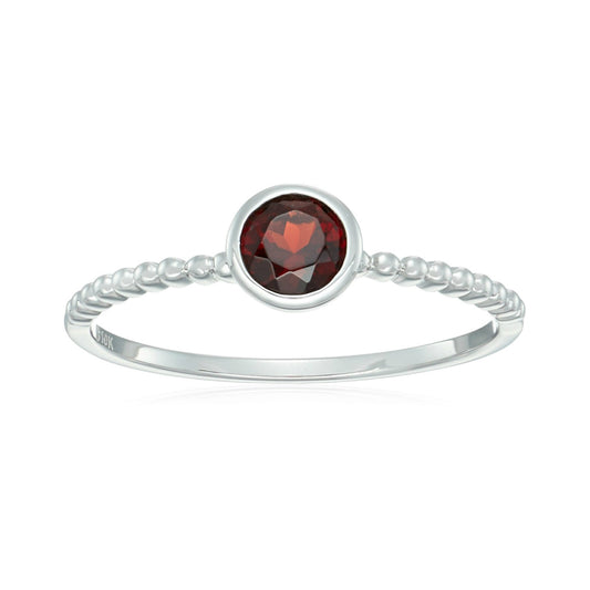 10k White Gold Red Garnet Solitaire Beaded Shank Stackable Ring - pinctore