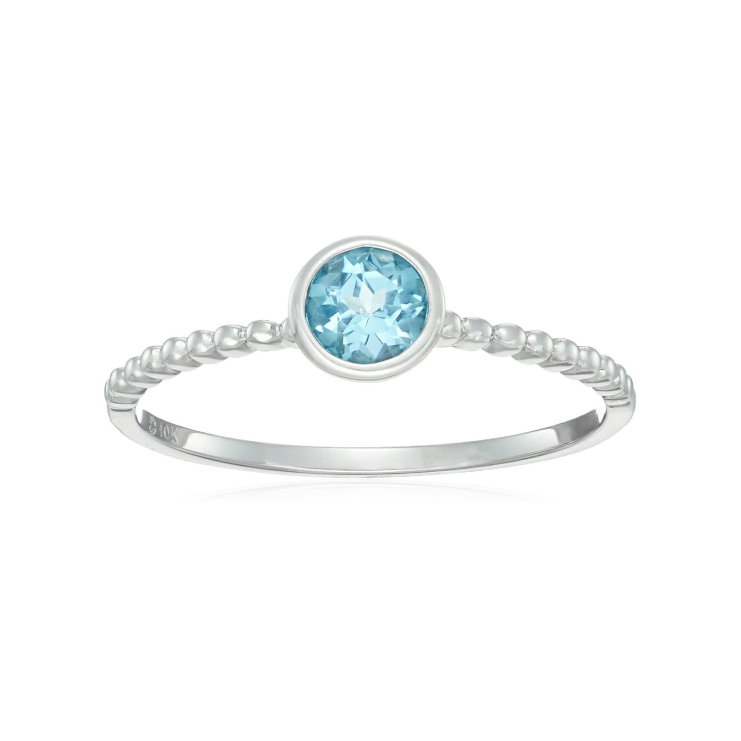 Pinctore 10k White Gold Swiss Blue Topaz Solitaire Beaded Stackable Ring - pinctore
