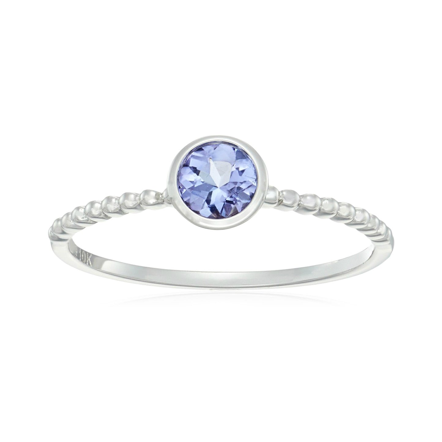 10k White Gold Tanzanite Solitaire Beaded Shank Stackable Ring - pinctore