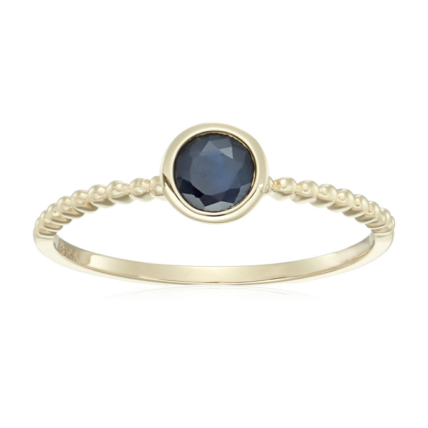 10k Yellow Gold Genuine Blue Sapphire Solitaire Beaded Shank Stackable Ring - pinctore
