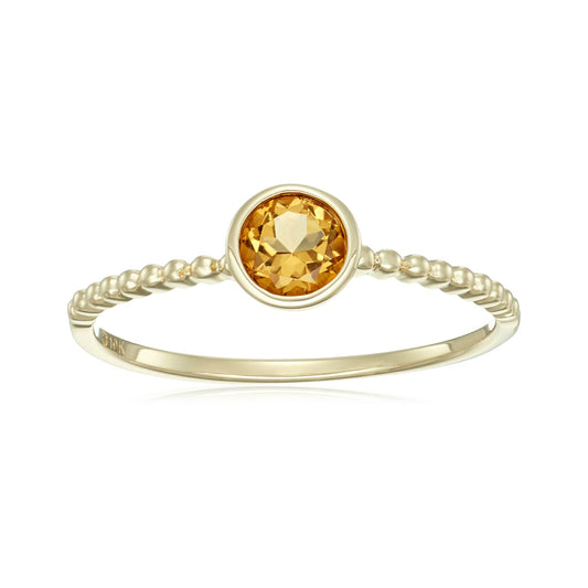10k Yellow Gold Citrine Solitaire Beaded Shank Stackable Ring - pinctore