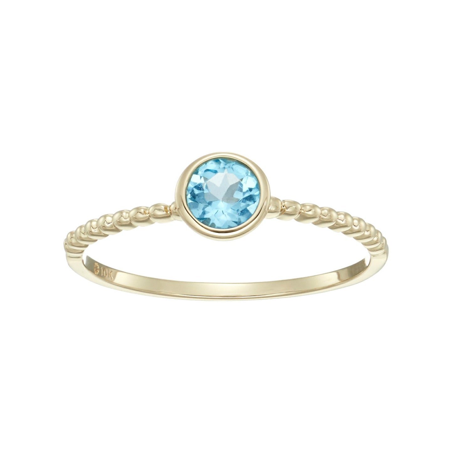 10k Yellow Gold Swiss Blue Topaz Solitaire Beaded Shank Stackable Ring - pinctore