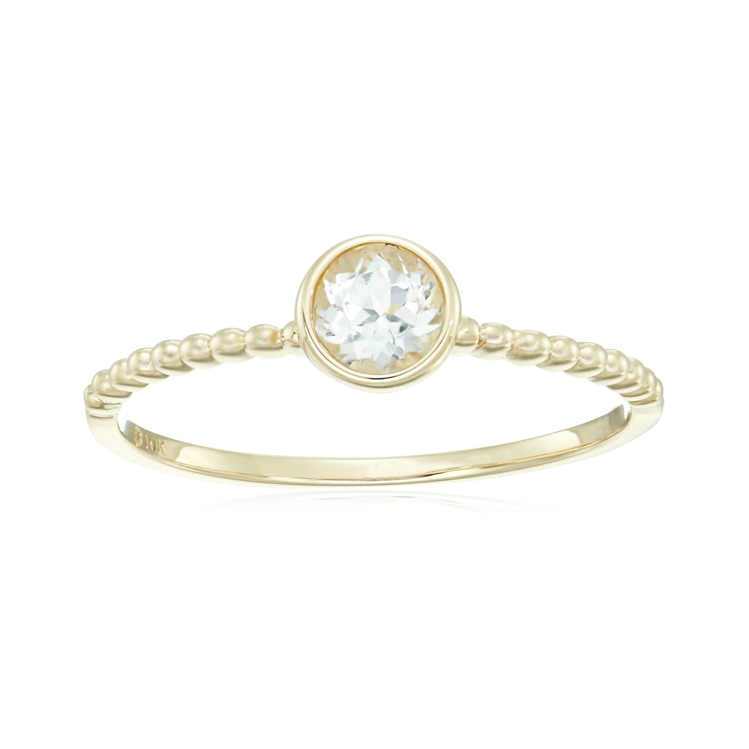 Pinctore 10k Yellow Gold White Topaz Solitaire Beaded Shank Stackable Ring - pinctore
