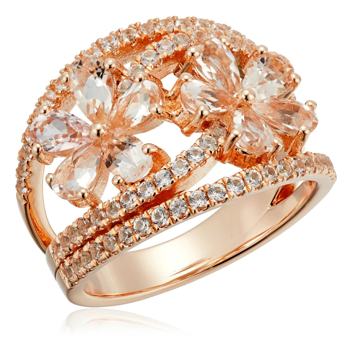 Pinctore Rose Gold-Plated Silver Morganite and Created White Sapphire Bypass Flower Ring - pinctore