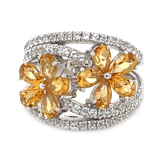 925 Sterling Silver Citrine, Created White Sapphire Ring - Pinctore