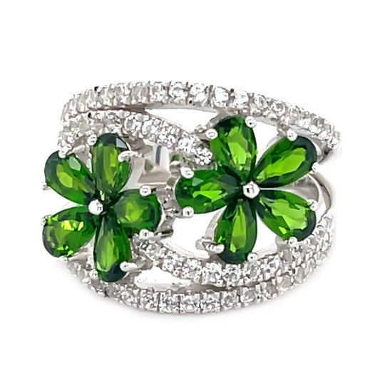925 Sterling Silver Chrome Diopside, Created White Sapphire Ring - Pinctore