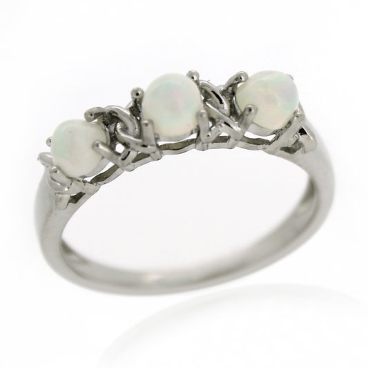 Sterling Silver Ethiopian Opal & Accented 3-stone Band Stackable Ring - Pinctore