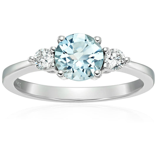 14k White Gold Aquamarine And Diamond 3-stone Engagement Ring  (1/5cttw, H-I Color, SI2 Clarity), - pinctore