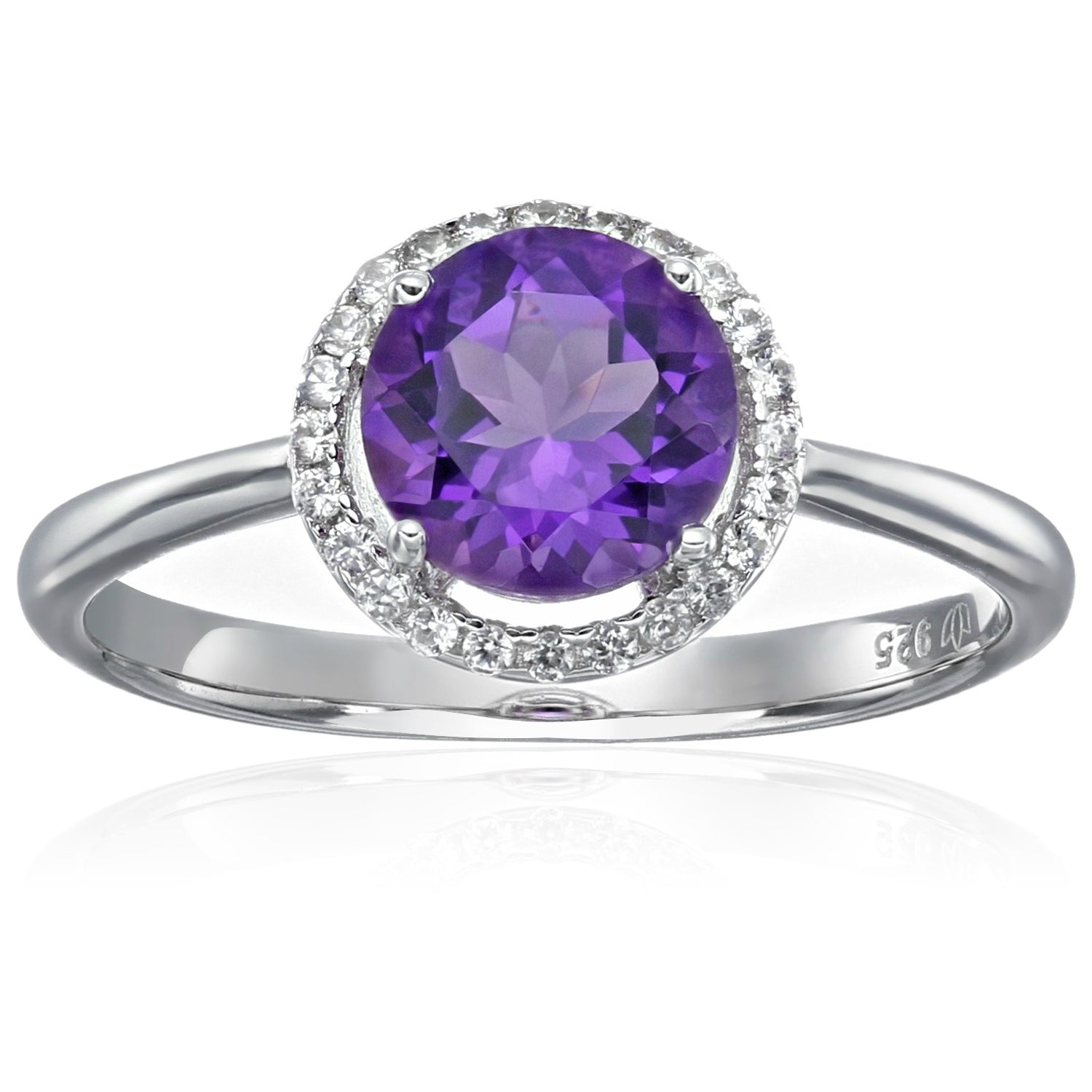 Sterling Silver African Amethyst And Natural White Zircon Classic Round Princess Di Halo Engagement Ring - pinctore