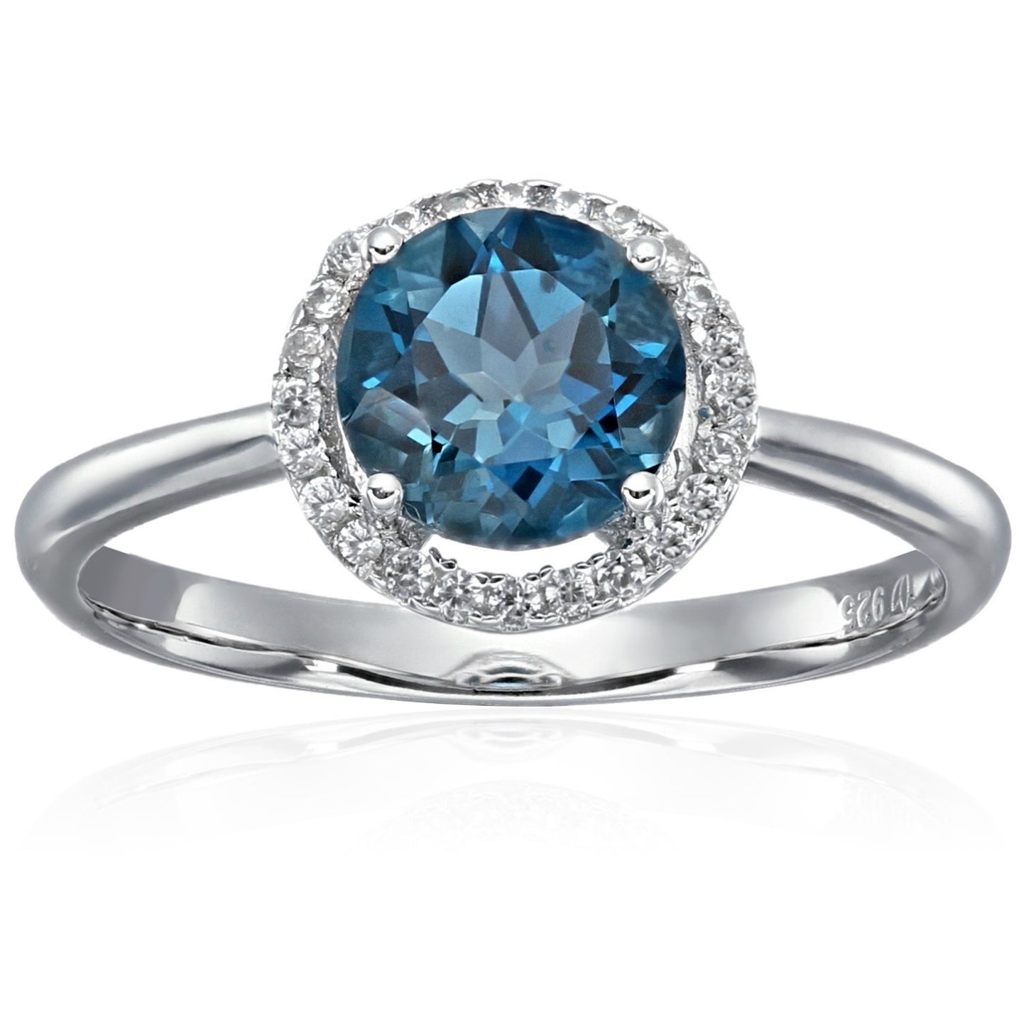 Sterling Silver London Blue Topaz And Natural White Zircon Classic Round Princess Di Halo Engagement Ring - pinctore