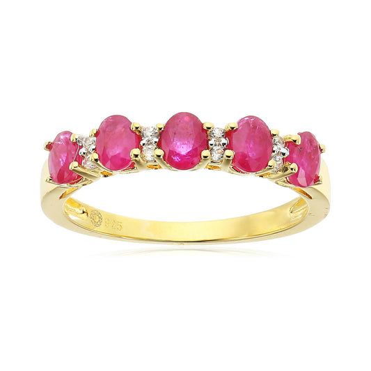 Pinctore Yellow Gold-Plated Silver Burmese Ruby and White Zirconia 5-stone Stackable Ring - pinctore