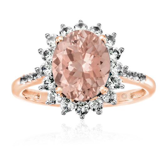 Rose Over Sterling Silver Morganite, Created White Sapphire Ring - Pinctore