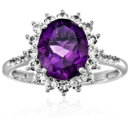 Sterling Silver African Amethyst And Created White Sapphire Engagement Halo Engagement Ring - pinctore