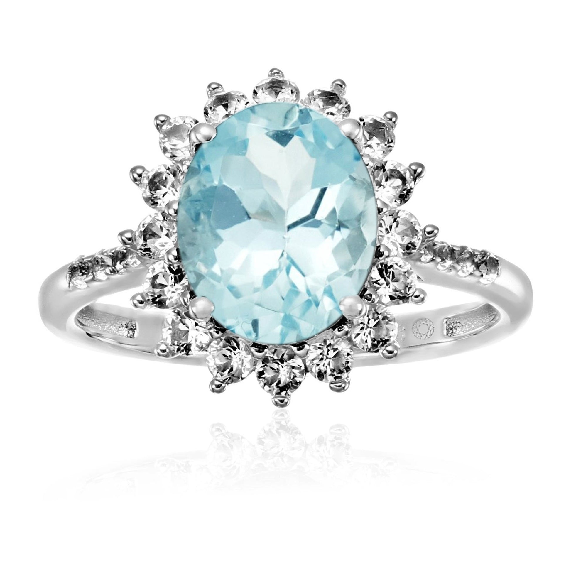 925 Sterling Silver Aquamarine, Created White Sapphire Ring - Pinctore