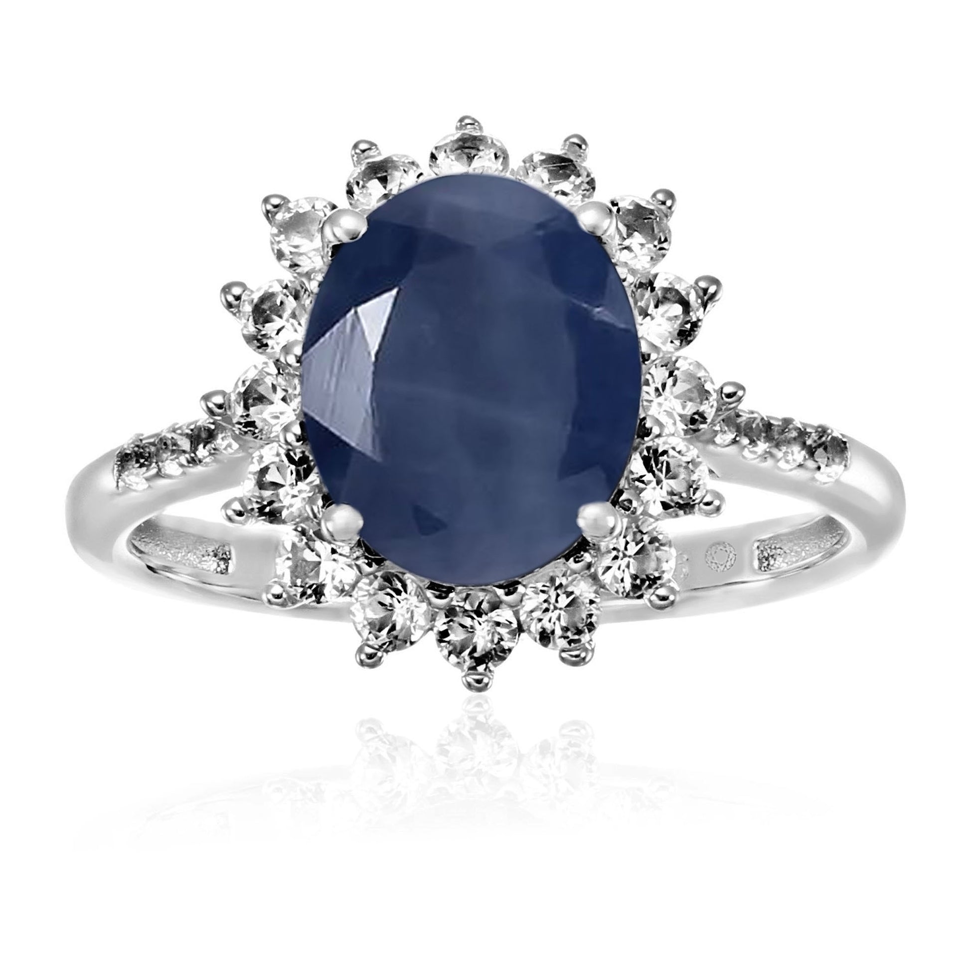 Sterling Silver Indian Blue Sapphire, Created White Sapphire Ring - Pinctore
