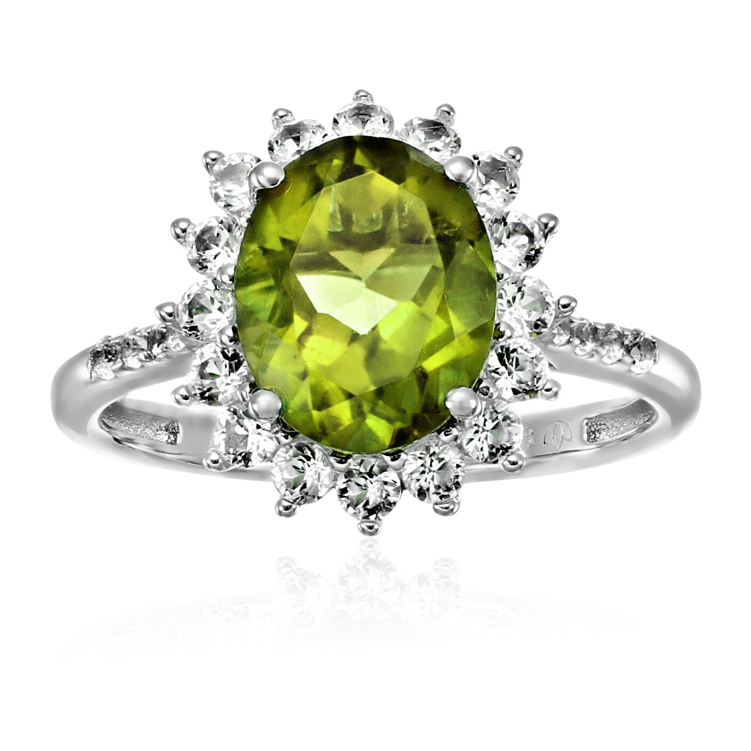 Sterling Silver Peridot And Created White Sapphire Engagement Halo Engagement Ring - pinctore