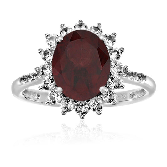 925 Sterling Silver Red Garnet, Created White Sapphire Ring - Pinctore