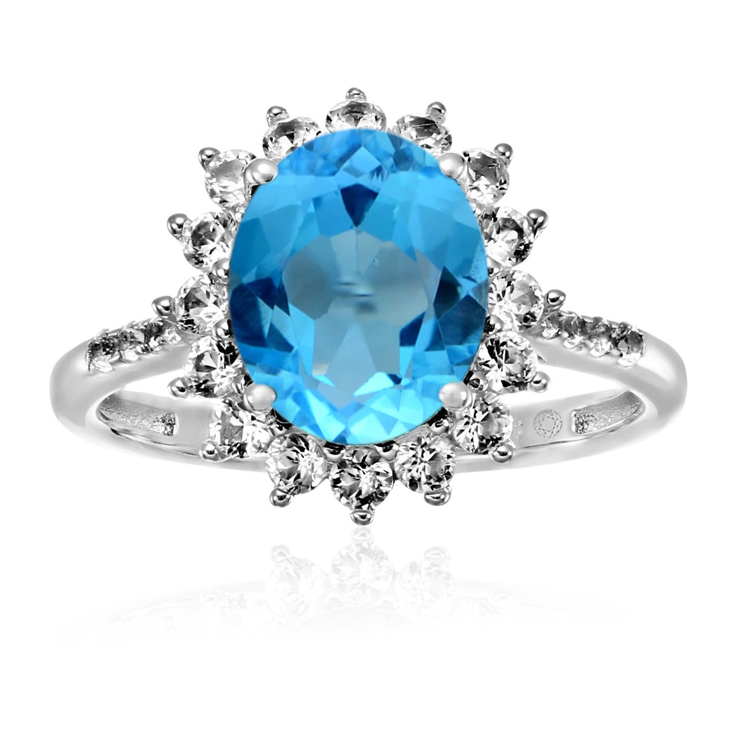 925 Sterling Silver Swiss Blue Topaz, Created White Sapphire Ring - Pinctore