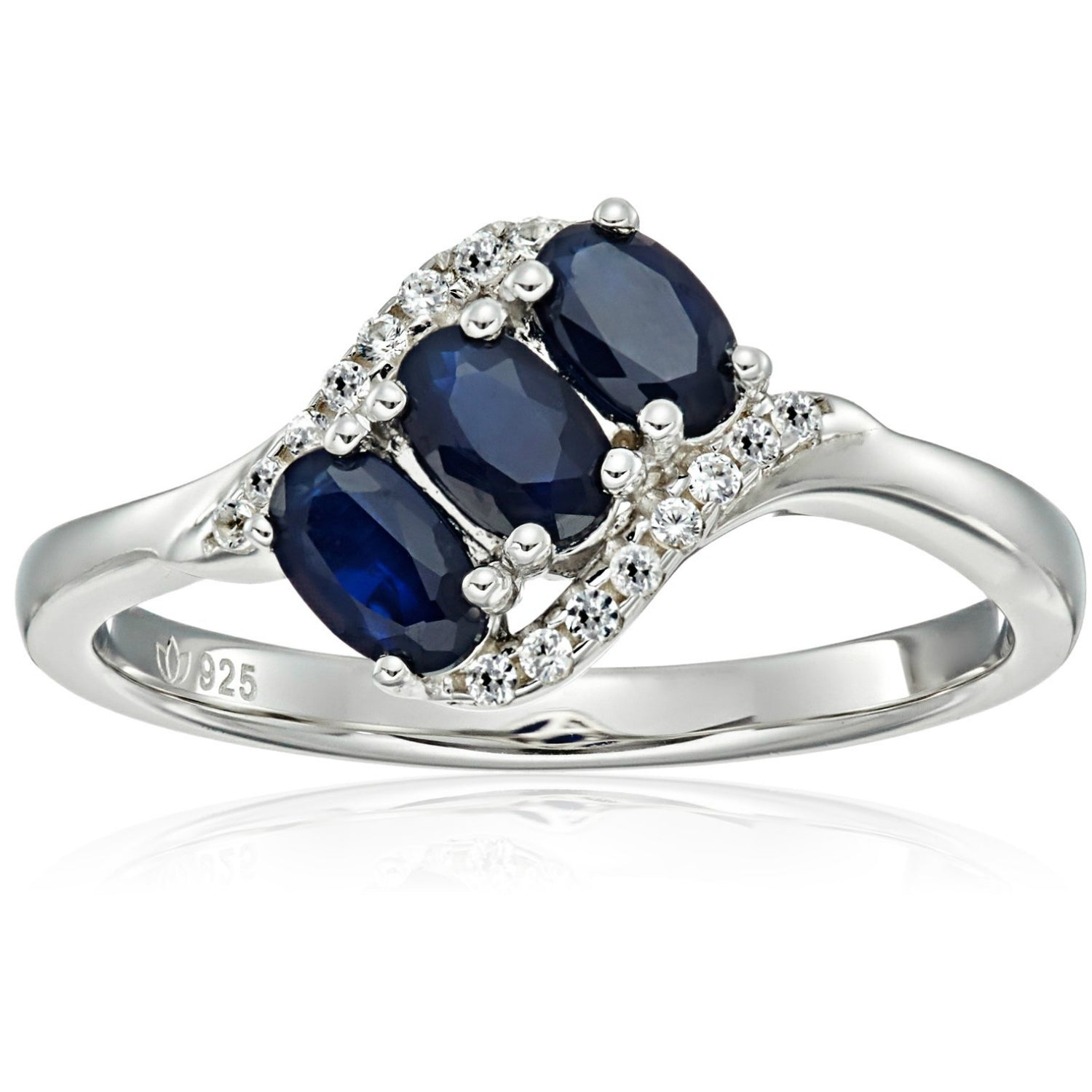 Sterling Silver Genuine Blue Sapphire And Created White Sapphire 3-stone Engagement Ring - pinctore