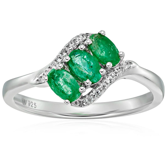 Sterling Silver Genuine Emerald And Created White Sapphire 3-stone Engagement Ring - pinctore