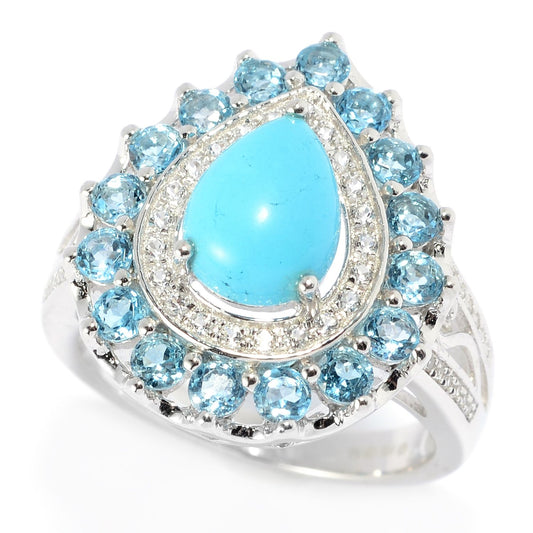 Pinctore Sterling Silver Turquoise & Multi Color Topaz Double Halo Ring - pinctore