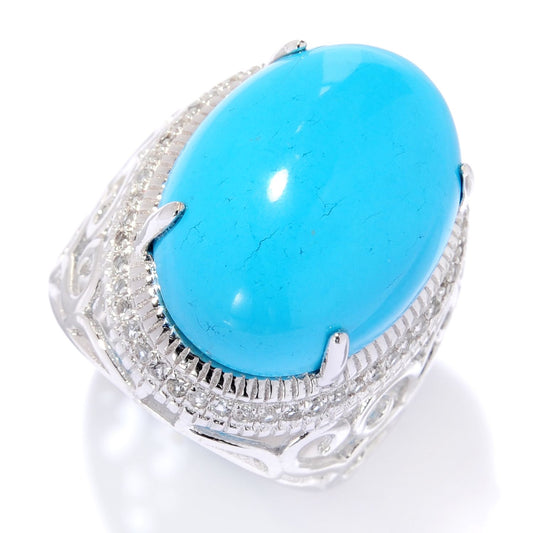 Pinctore Sterling Silver 19 x 14mm Oval Sonora Beauty Turquoise & White Topaz Ring - pinctore
