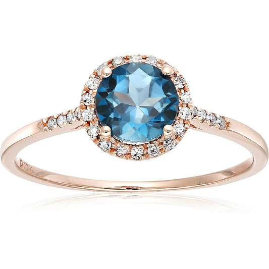 Pinctore 10k Rose Gold London Blue Topaz and Diamond Classic Princess Di Halo Engagement Ring - pinctore