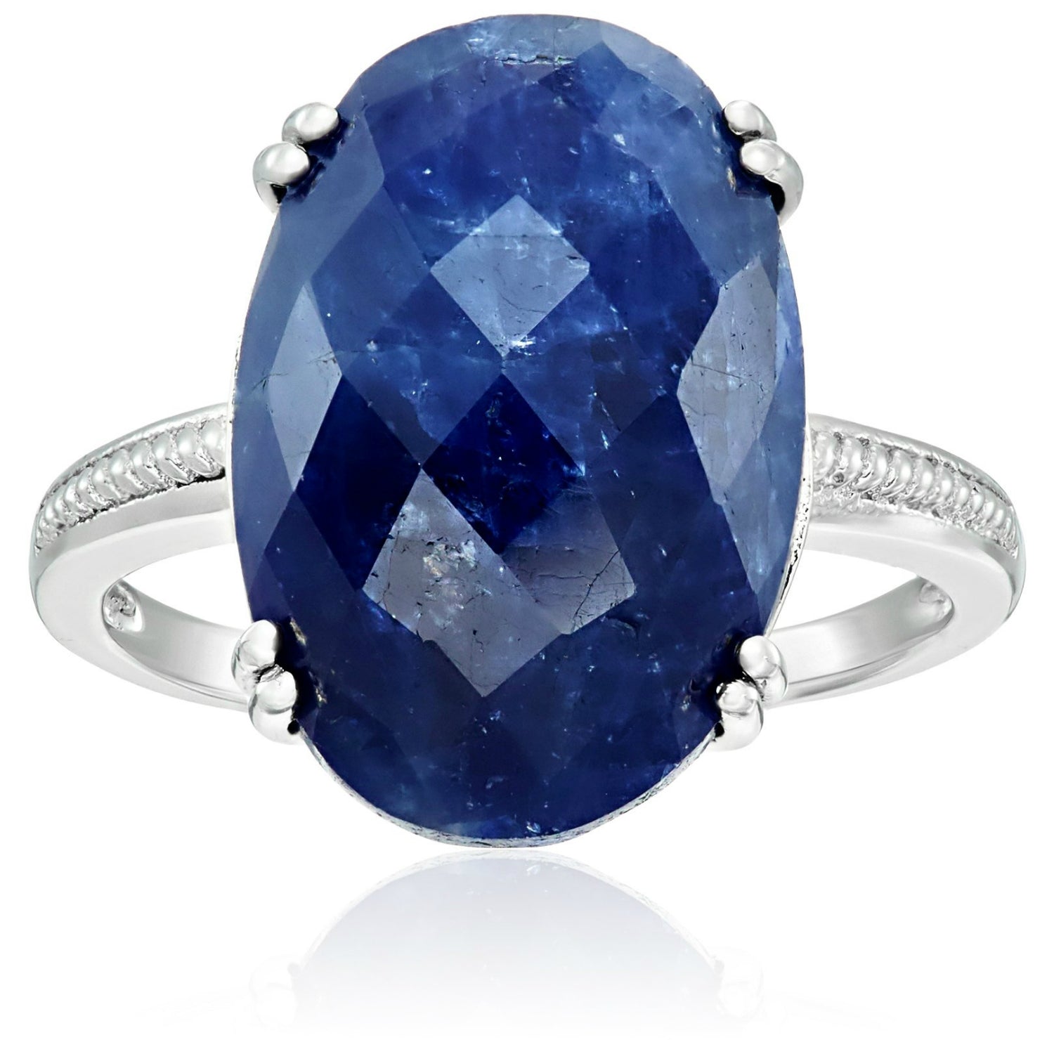 Pinctore Sterling Silver Opaque Blue Sapphire Solitaire Engagement Ring - pinctore