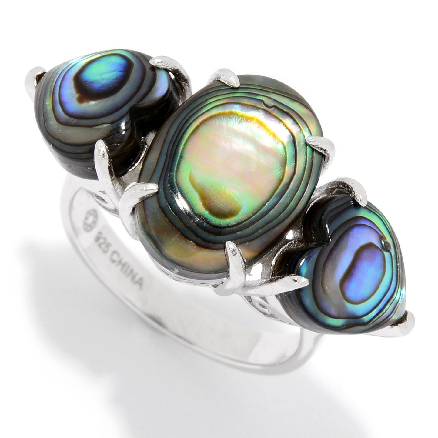 Pinctore Sterling Silver Abalone Doublet Three-Stone Ring - pinctore