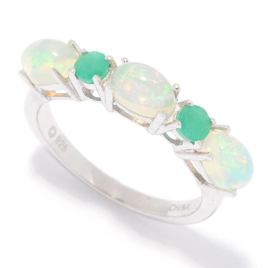 Pinctore Sterling Silver Ethiopian Opal & Emerald 5-Stone Band Ring - pinctore