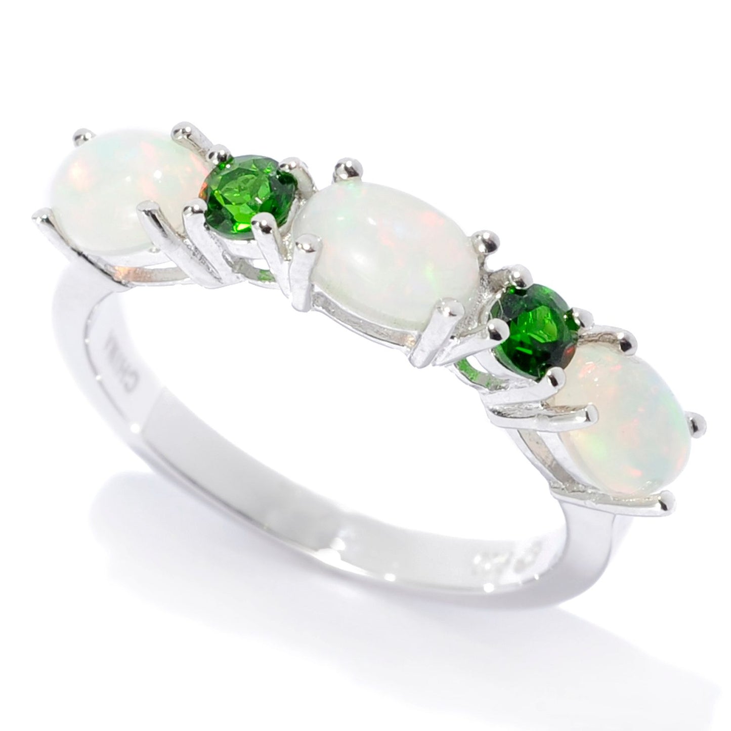 Pinctore Sterling Silver Ethiopian Opal & Chrome Diopside 5-Stone Band Ring - pinctore