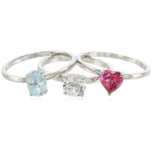 Sterling Silver Pink Topaz And Rock Crystal Accented Set of 3 Stackable Rings, - pinctore