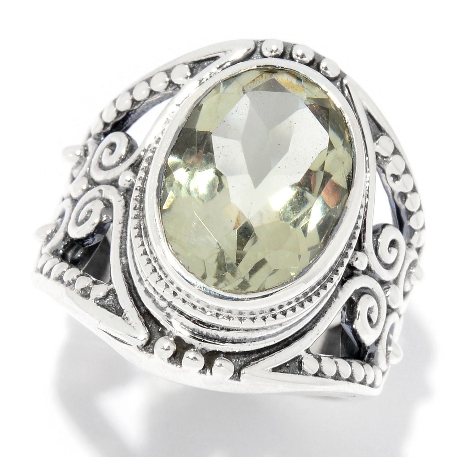 Pinctore Sterling Silver 5.00ctw Oval Green Amethyst Scrollwork Ring - pinctore