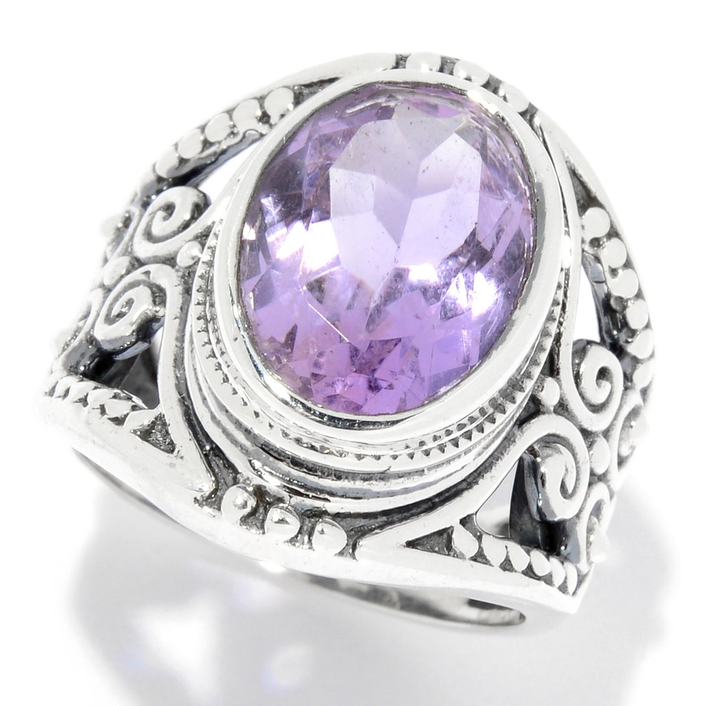 Pinctore Sterling Silver 5.00ctw Oval Pink Amethyst Scrollwork Ring - pinctore