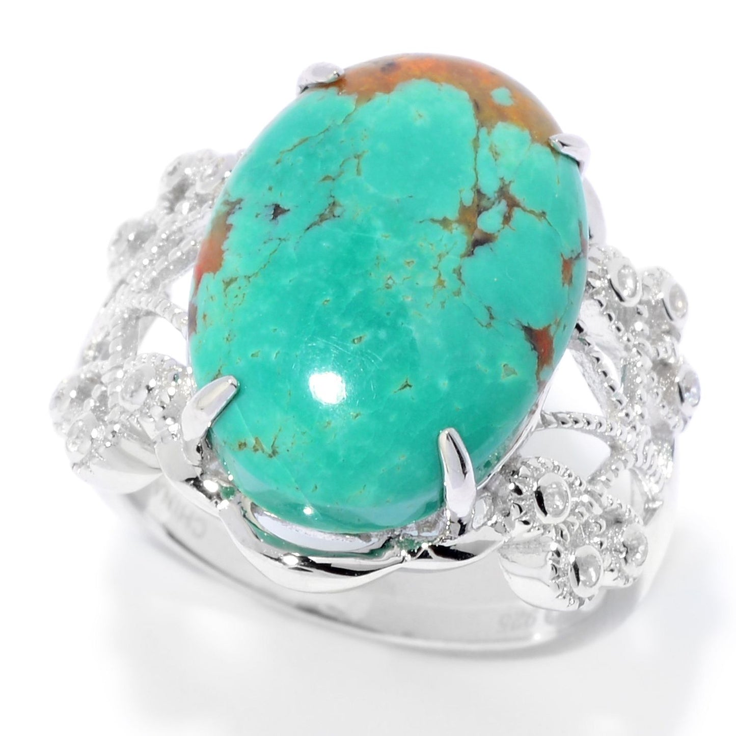 Pinctore Sterling Silver 17 x 12mm Oval Tyrone Turquoise & White Zircon Ring - pinctore